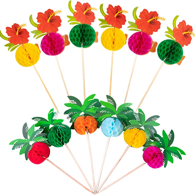 

50pcs Hawaiian Party Cupcake Topper Tropical Flower Coconut Tree Bamboo Pick Fruit Toothpick Summer Party Wedding Decoration