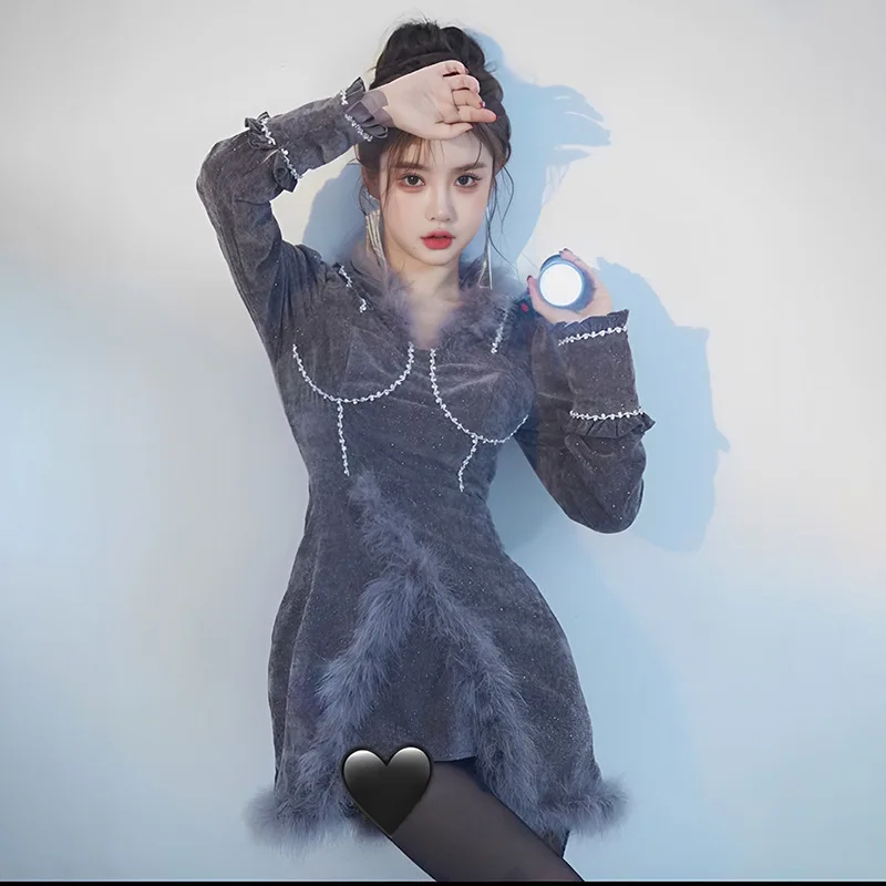 Женское мини-платье с V-образным вырезом, длинным рукавом