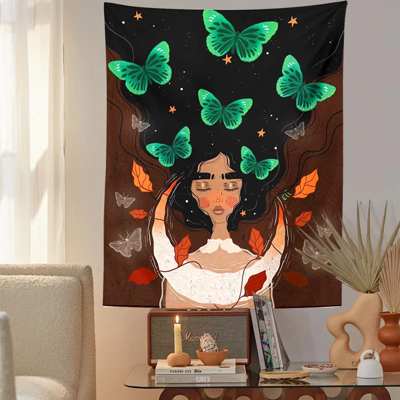 

Butterfly Moth Girl Tapestry Wall Hanging Plant Cactus Character Tapestry Hippie Boho Tapestry Psychedelic Witchcraft Home Decor