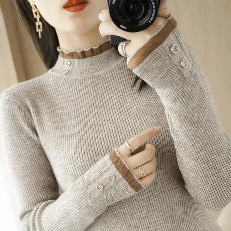 

Knitted 2023 Autumn Winter New Fashion Turtleneck Sweater Women Pullover Solid Color Long Sleeve Slim Button Clothes V106