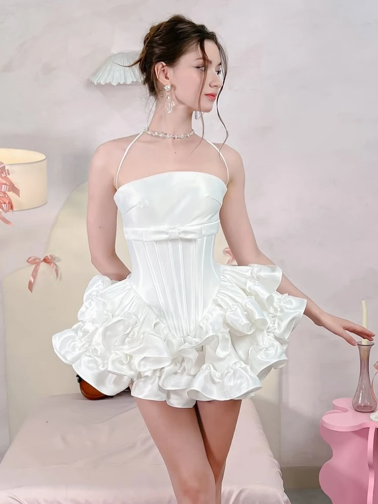 Women Pink White Lace-up Dress Two Piece Set Sexy Sleeveless Bow Ruffles A-line + Shorts Suits Evening Party Cocktail Sets