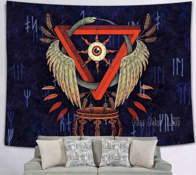 Окультный гобелен Волшебная змея и солнце Винтаж Таинственный настенный