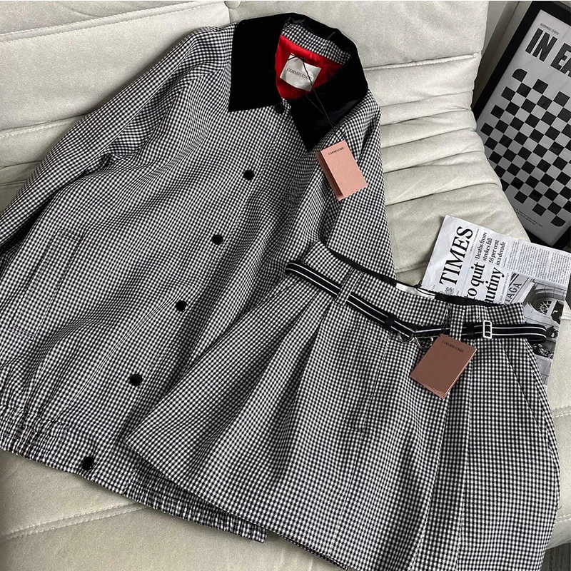 

Женский Классический комплект из 2 предметов, жакет с длинным рукавом и отложным воротником, трапециевидная мини-юбка в черно-белую клетку, ...