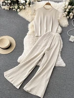 2022 new summer fashion women clothes round neck sleeveless striped short top and high waist pants set elastic