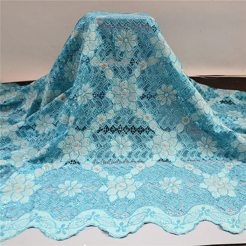 

Latest Teal African French Lace Fabric High Quality Guipure Lace Chemical Lace Fabric Flocking With Sequins For Wedding PS070401