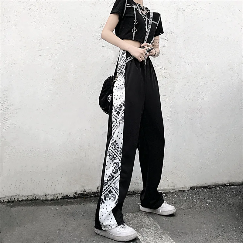 

Vintage Harajuku Print Wide Leg Pant Women Fashion Trousers High Waist Streetwear Baggy Black Sports trousers