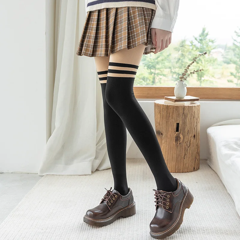 Women Warm Tights Spring False Leg Pantyhose Stripe Velvet Thick False Calf Socks Skin Patchwork Stockings Ladies Fur Pantyhose