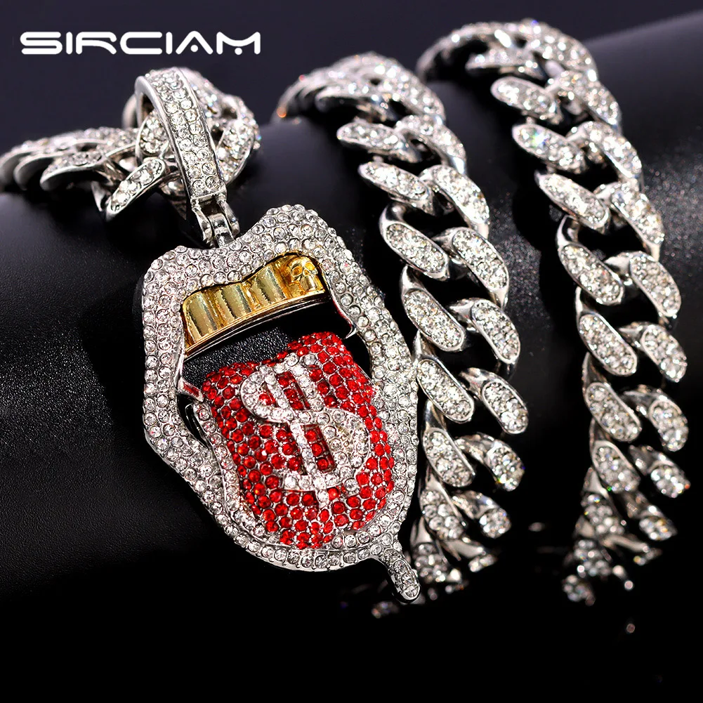 

Iced Out Red Crystal Tongue Dollar Sign Pendant Necklace With Cuban Link Chain Choker Necklaces For Women Men Hip Hop Jewelry