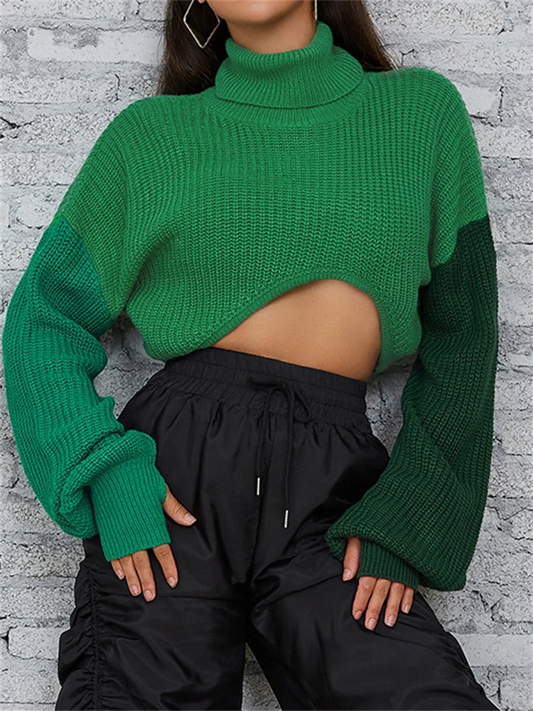 

Women Turtleneck Sweaters Asymmetric Hem Long Lantern Sleeve Pullovers Fall Loose Patchwork Knitted Sweaters Clubwear