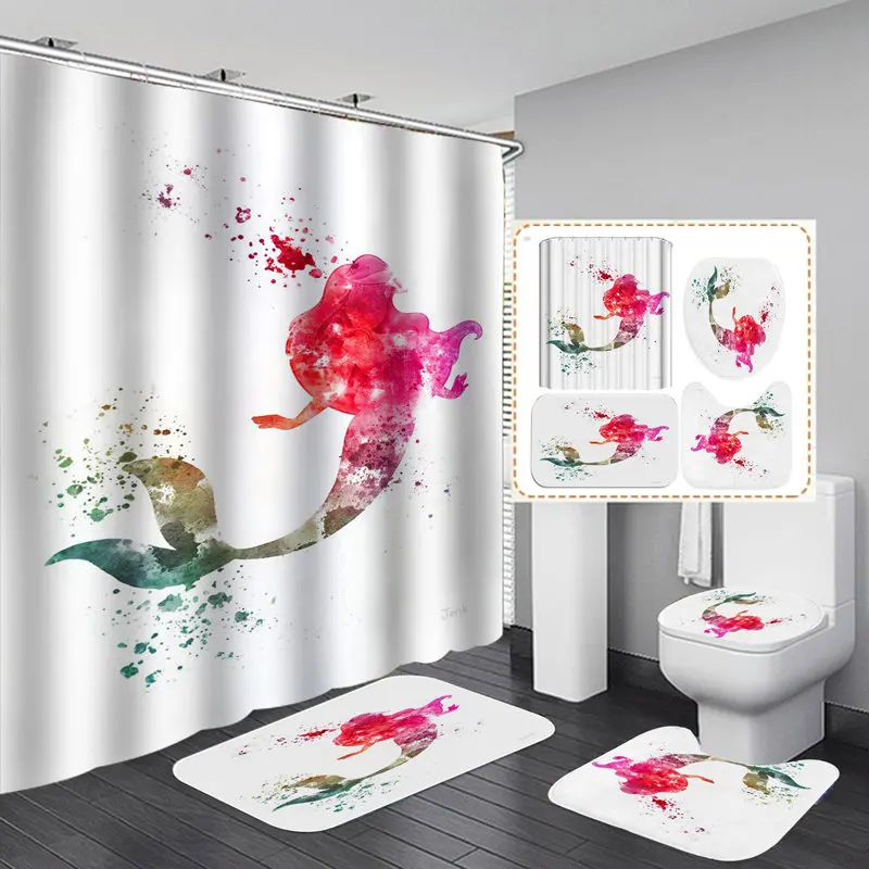 

Занавеска для душа из полиэстера с художественным принтом русалки, нескользящий коврик для ванной, крышка для туалета, декоративный Компле...