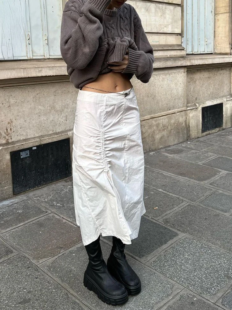 

New2022 White Front Shirring Drawstring Casual Long Skirts Womens Back Pockets Streetwear Low Waist Loose Preppy Cargo Skirt