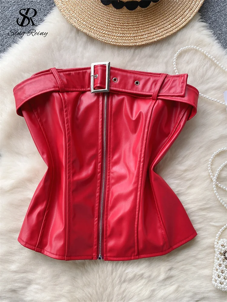 SINGREINY мини-топы из искусственной кожи без бретелек для женщин шикарная майка с