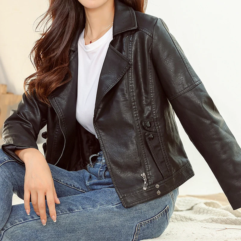 Street Style Women's Pu Biker Jacket Loose Fashion Long Sleeve Black Leather Jacket 2022 Winter Punk Style Ladies Biker Coat