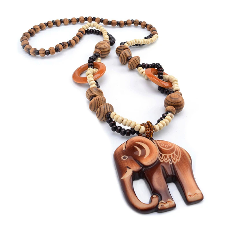2022 Boho Jewelry Ethnic Style Long Hand Made Bead Wood Elephant Pendant Necklace for Women Price Decent women's neck |