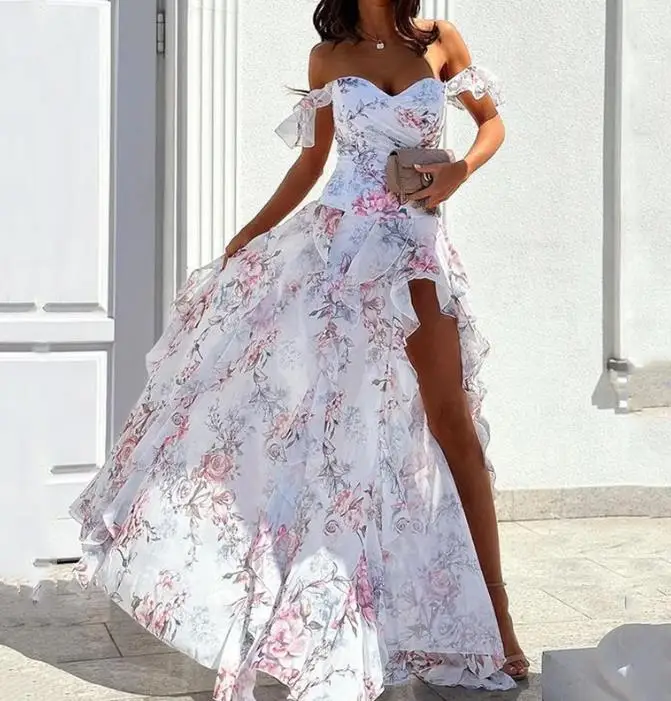 

Elegant Dresses for Women 2023 Summer Trendy and Sexy Spicy Girl Off Shoulder Short Sleeve Sling Strap Split Fashion Long Dress