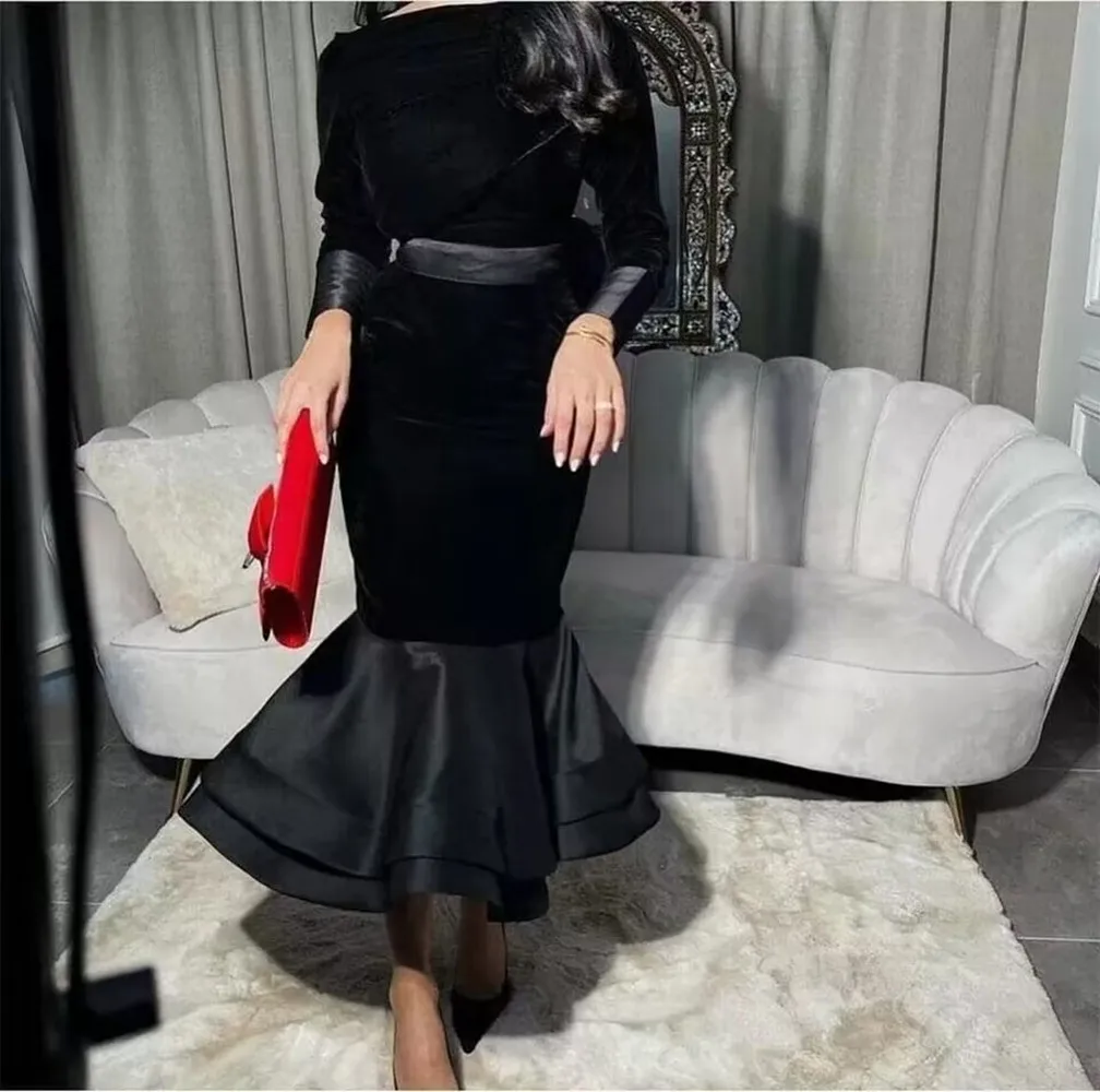 

2022 Simple Mermaid Black Velvet Evening Dresses Long Sleeves Ankle Length Modest Formal Prom Dress For Saudi Arabric Women