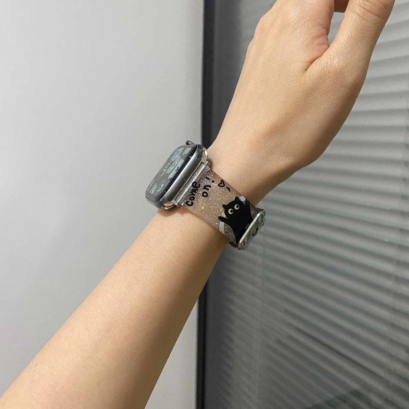 Прозрачный ремешок Y2k с рисунком черного кота для Apple Watch SE 9 8 7 6 5 4 3 2 1 Band Goth 45 мм 44 42