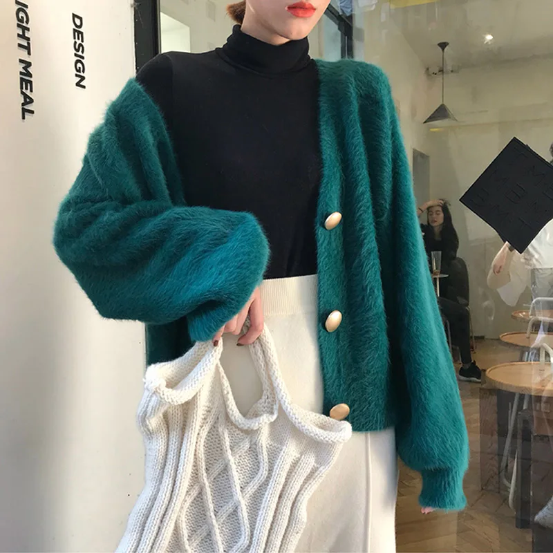 Teddy Jacket Coat Elegant Loose Women Knitted Cardigans Lantern Sleeve Mohair Jumpers 2020 Autumn winter Female Fluffy Jackets