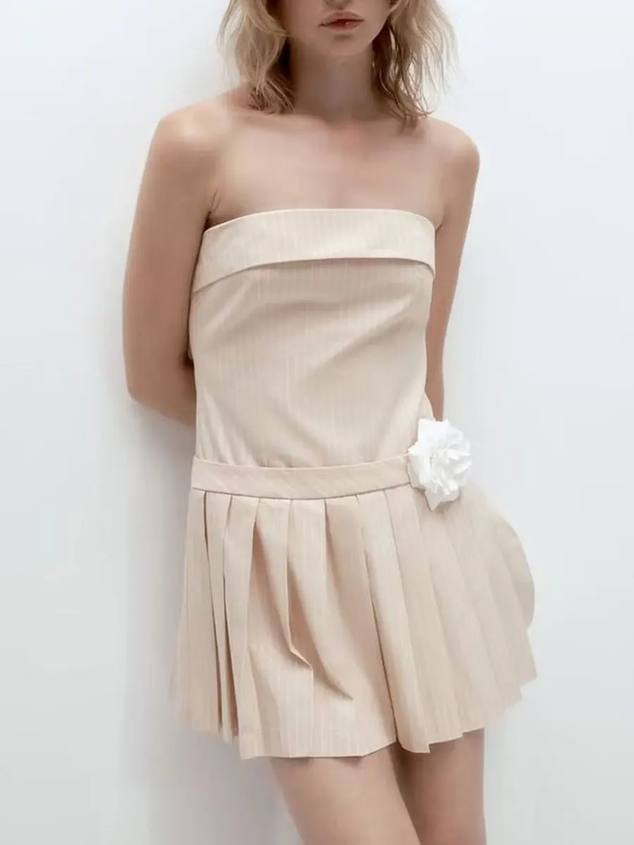 

2023 Women Summer Tube Pleated Dress Sexy Stripe 3D Flower Boat Neck Backless Strapless Pleated Casual Mini Dress
