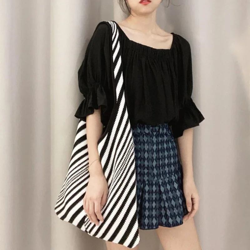 

Large Capacity Tote Plaid Knitting Women Shoulder Bag Woolen Ladies Crossbody Bag Striped Big Japanese Simple Casual Shopper Bag