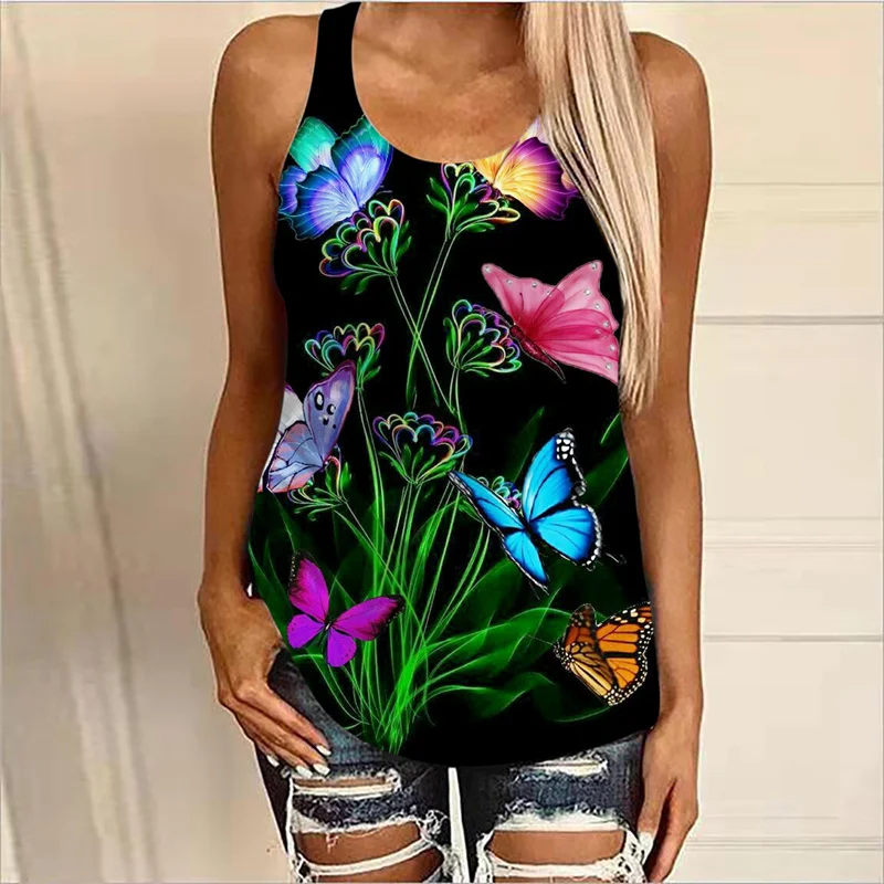 

2022 Womens Sleeveless Tops Plus Size Women Fashion 3D Butterfly Print Sexy Loose T-Shirt Vest Summer Sleeveless Tops Female