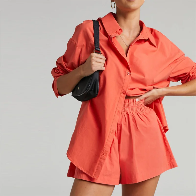 

Женский хлопковый спортивный костюм, голубой повседневный комплект из 2-х предметов, рубашка-поло с длинным рукавом и шорты с высокой талией...