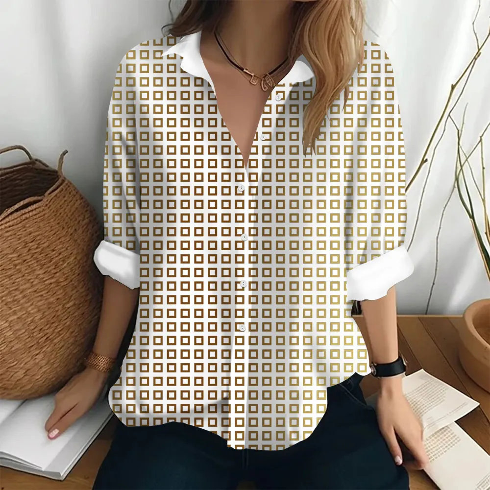 

2024 New Fashion Women's shirts & blouses,Geometric block printing Elegant women blouse Long-sleeved Female clothing Tops camisa