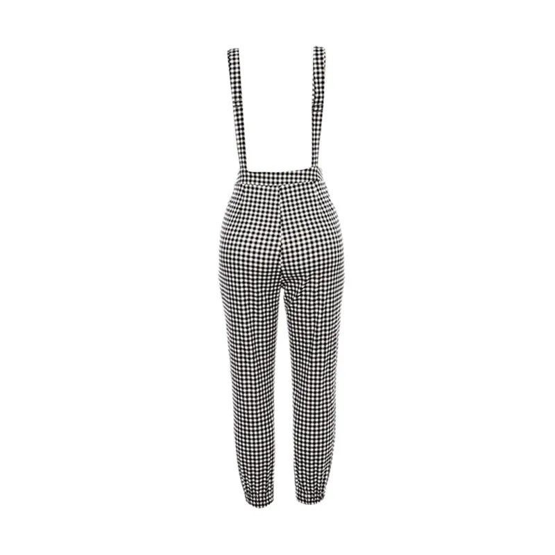 Fashion Women Casual Straps Jumpsuits Ladies Summer Autumn Clothes Plaids Checked Playsuits Backless Plain Outfits White&Black