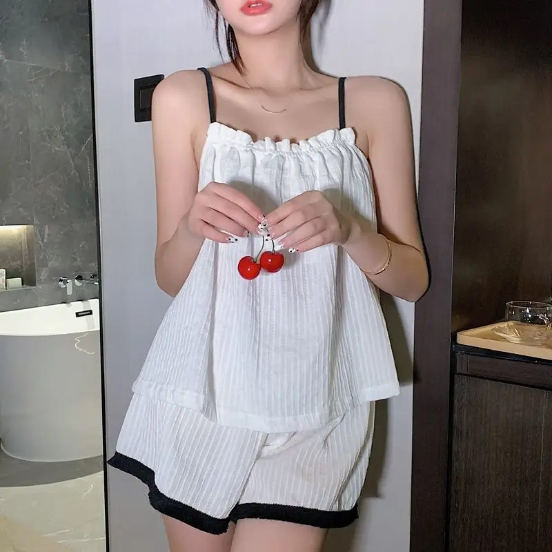 

Pajama Sets Women Summer Comfortable Kawaii Loose Casual Korean Sleeveless Sleepwear Japanese Lovely New Simple Breathable Pure