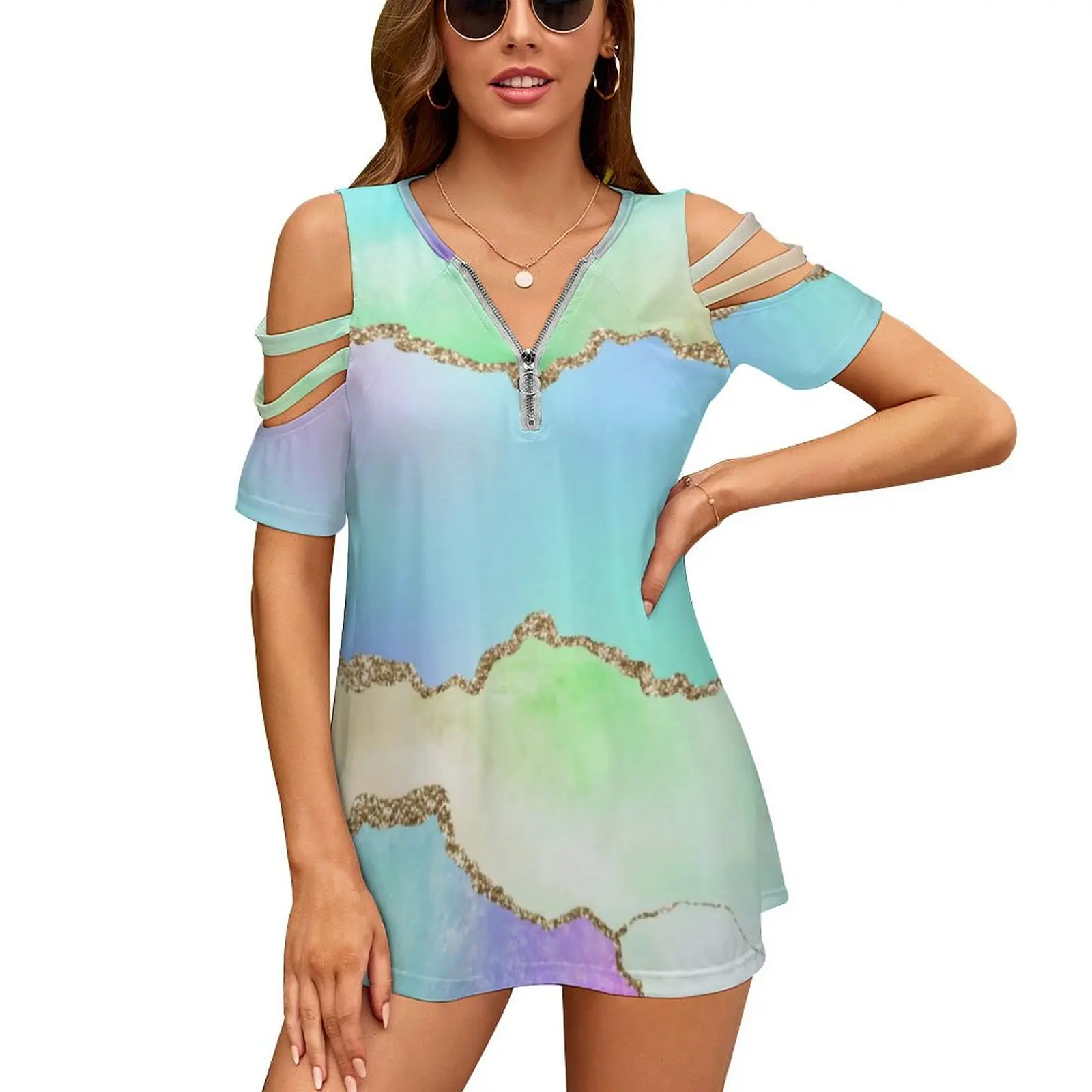 

Metallic Texture T-Shirt Sexy Ombre Marble Print V Neck T-Shirts Off The Shoulder Basic Tshirt Ladies Casual Oversized Clothing