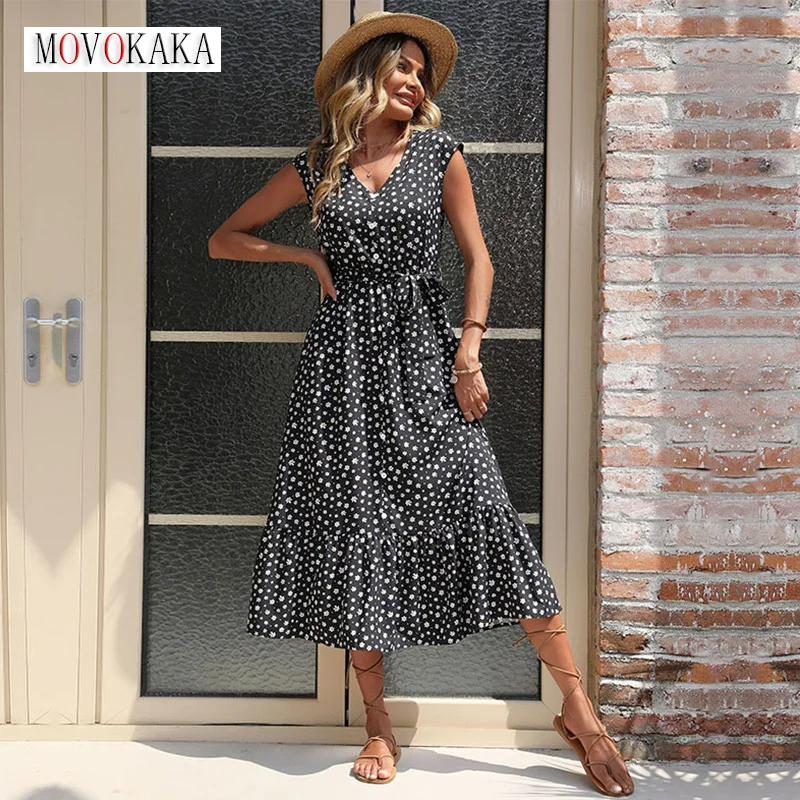 

MOVOKAKA Summer Elegant Black Woman Long Dress Party Button Beach Holiday Sleeveless Vestidos Office Lady Vintage Print Dresses