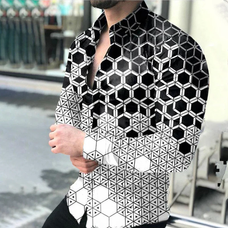 New Men's Printed Evening Shirt Four Seasons With Ball Shirt Lapel Button Polyester Material Long-Sleeved Shirt 2023-12