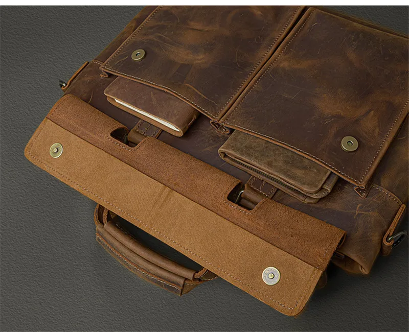 Retro fashion high quality natural crazy horse cowhide men shoulder diagonal bag daily business lawyer office portable briefcase