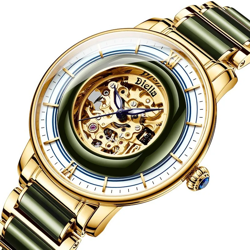 

Diella Luxury Watch Men's Mechanical Wristwatch Jade Fully Automatic Steel Band Waterproof Luminous Business Mens Sapphire Watch