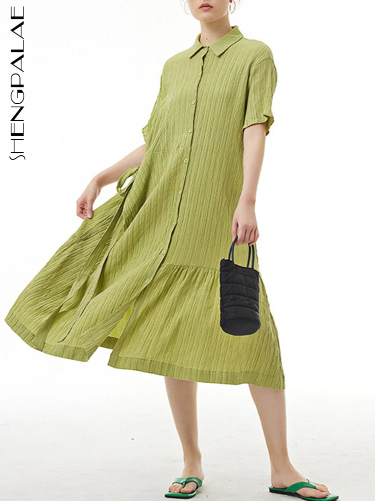 

SHENGPALAE, дизайнерское платье на шнуровке для женщин, модное однобортное платье с лацканами и коротким рукавом, повседневное свободное платье, лето 2023, новинка 5R4857