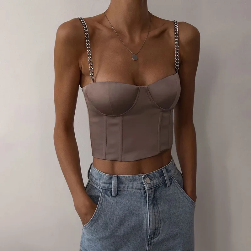

Women Satin Tank Tops Metal Chain Spaghetti Strap Cropped Tops Vest Camisole Strapless Slim High Waist y2k tops streetwear cami