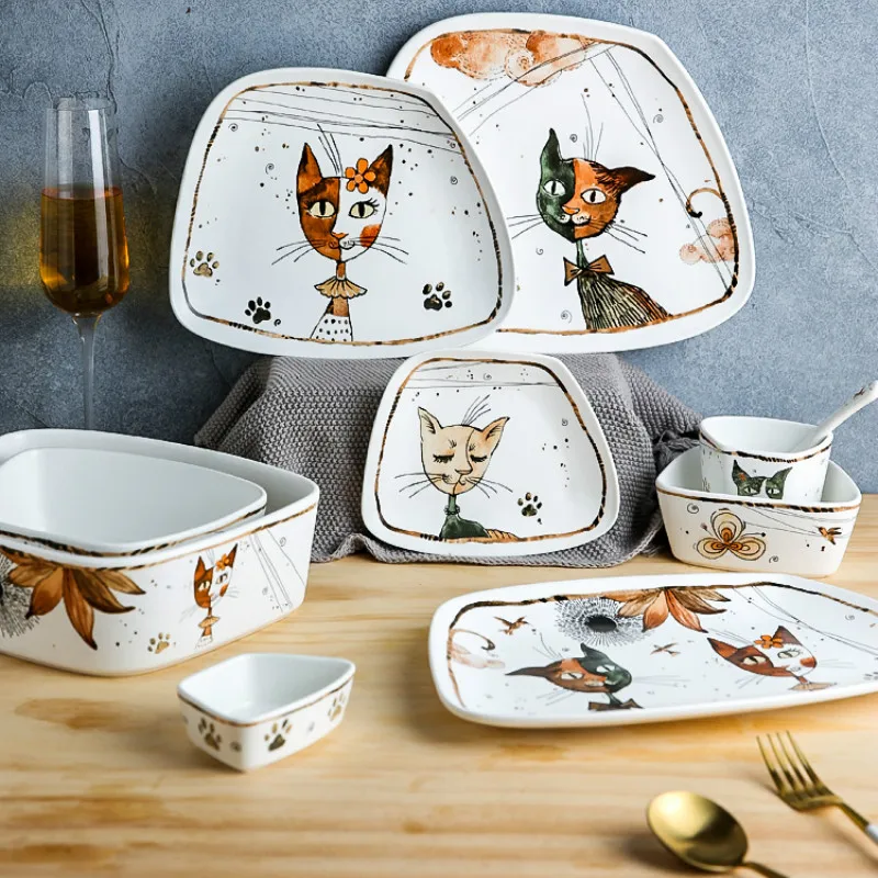 

Cute Cartoon Cat Ceramic Tableware Household Soup Noodle Bowls Fruit Steak Food Plate Dishes Creative Porcelain Dinnerware SetWF