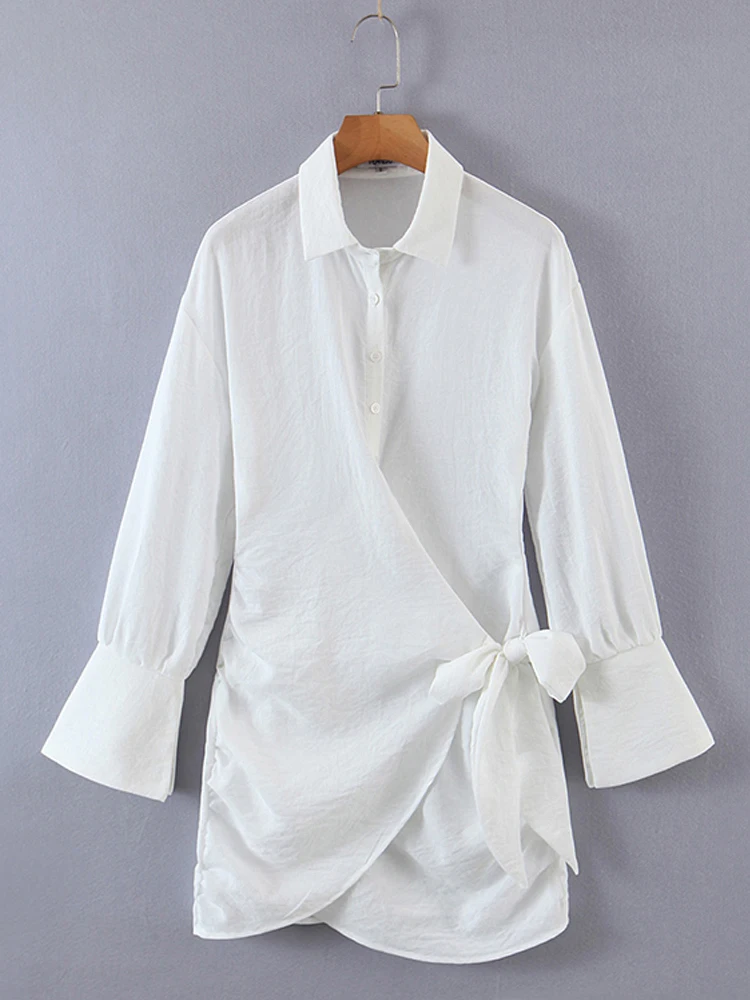 

Women Long Sleeve White Shirt Dress Turn-down Collar Elegant Bow Bandage Mini Dresses 2022 jurken