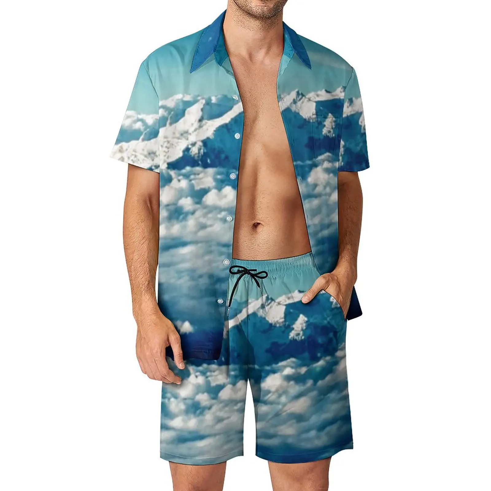 

Мужские комплекты с изображением горы Гималаи, летняя уличная одежда с голубым небом, комплект рубашек для отпуска с коротким рукавом, индивидуальный костюм большого размера