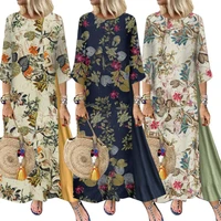 plus size women 34 sleeve o neck floral leaves print stitching loose maxi dress