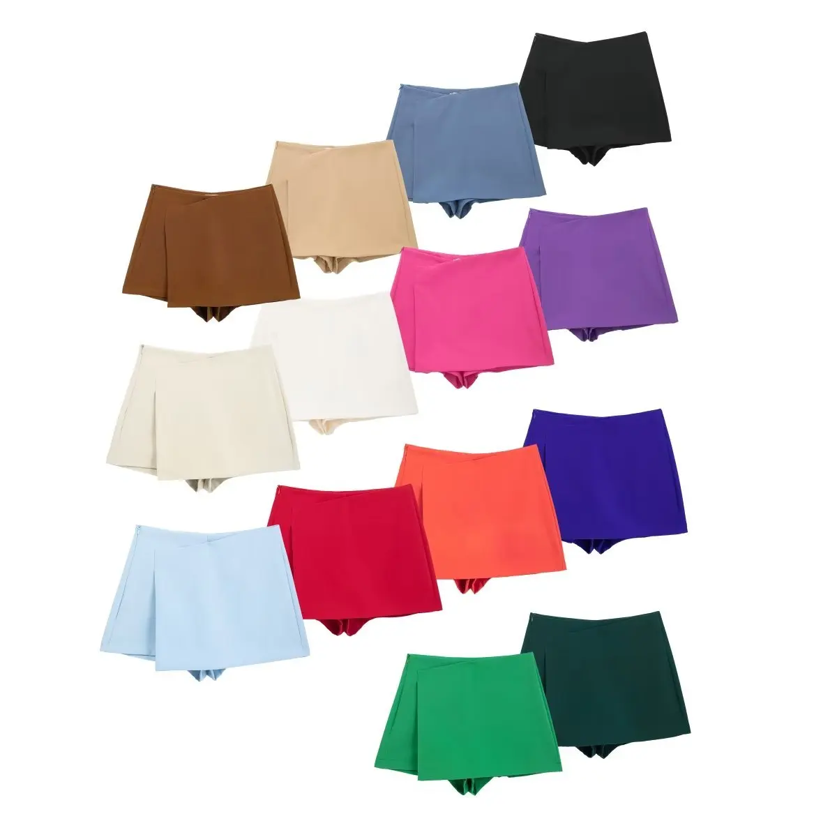 

2023 Spring Women Fashion Asymmetrical Shorts Skirts High Waist Back Pockets Side Zipper Vintage Female Green Short Skort