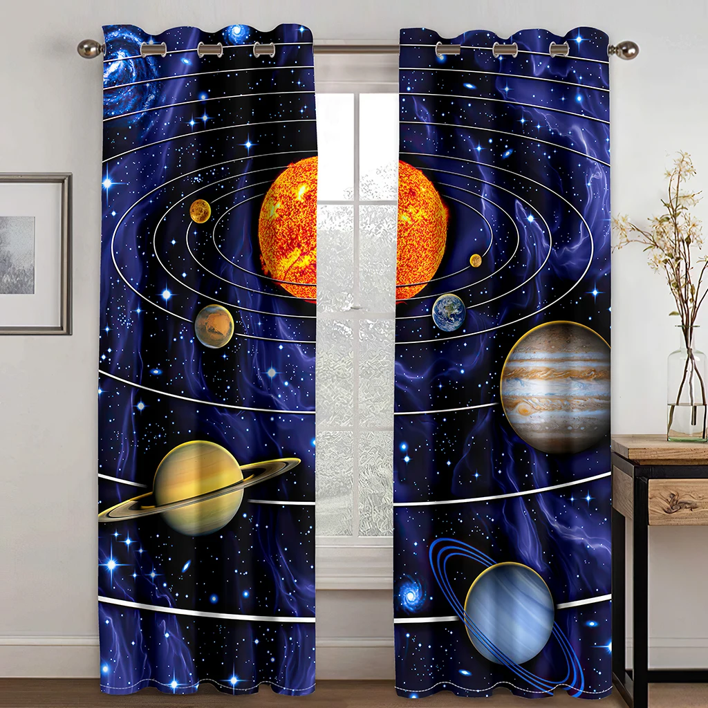 3D Digital Print Curtains for Living Room 2 Pieces Free Shipping The Great Solar System and Other Stars Window Curtain Draps