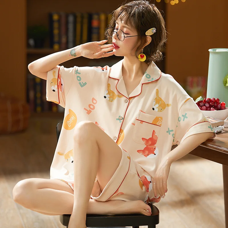 New Sleepwear Cartoon Summer Pajamas Women's Home Wear Lapel V-neck Short-sleeve Shorts Cotton Home Clothing Spring Loungewear