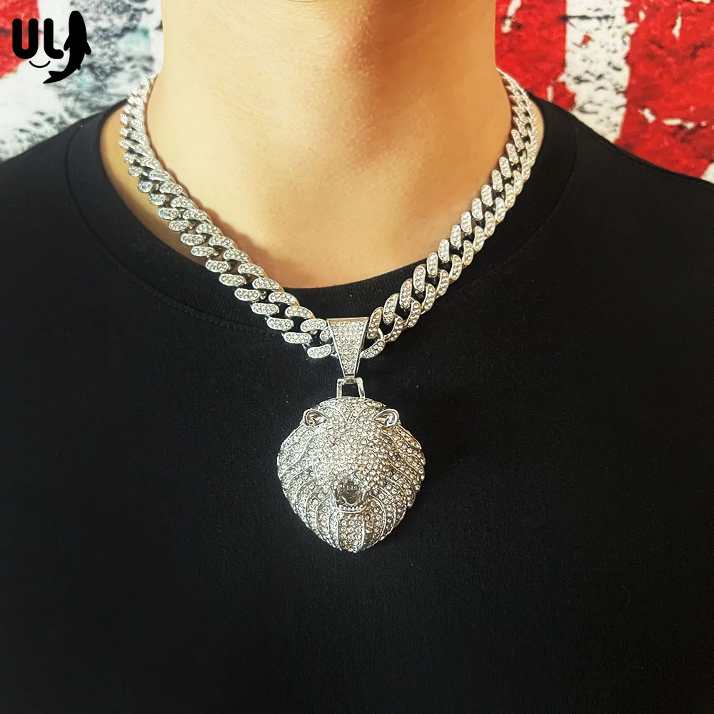 

ULJ Men Women Hip Hop Lion Pendant with 13mm Crystal Cuban Chain Iced Out Bling HipHop Necklaces Jewelry