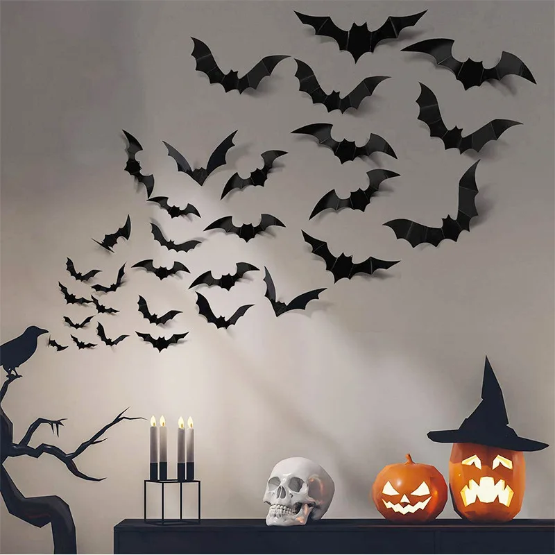 

Halloween Decoration Stickers 3D Black PVC Bat Halloween Decorations For Home Bar Stranger Things Party DIY Decos Props Autumn