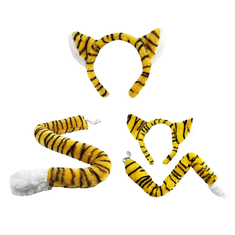 

Animal Cosplay Costumes Tiger Ears Headband Tail Set Halloween Dress Up Props M6CD