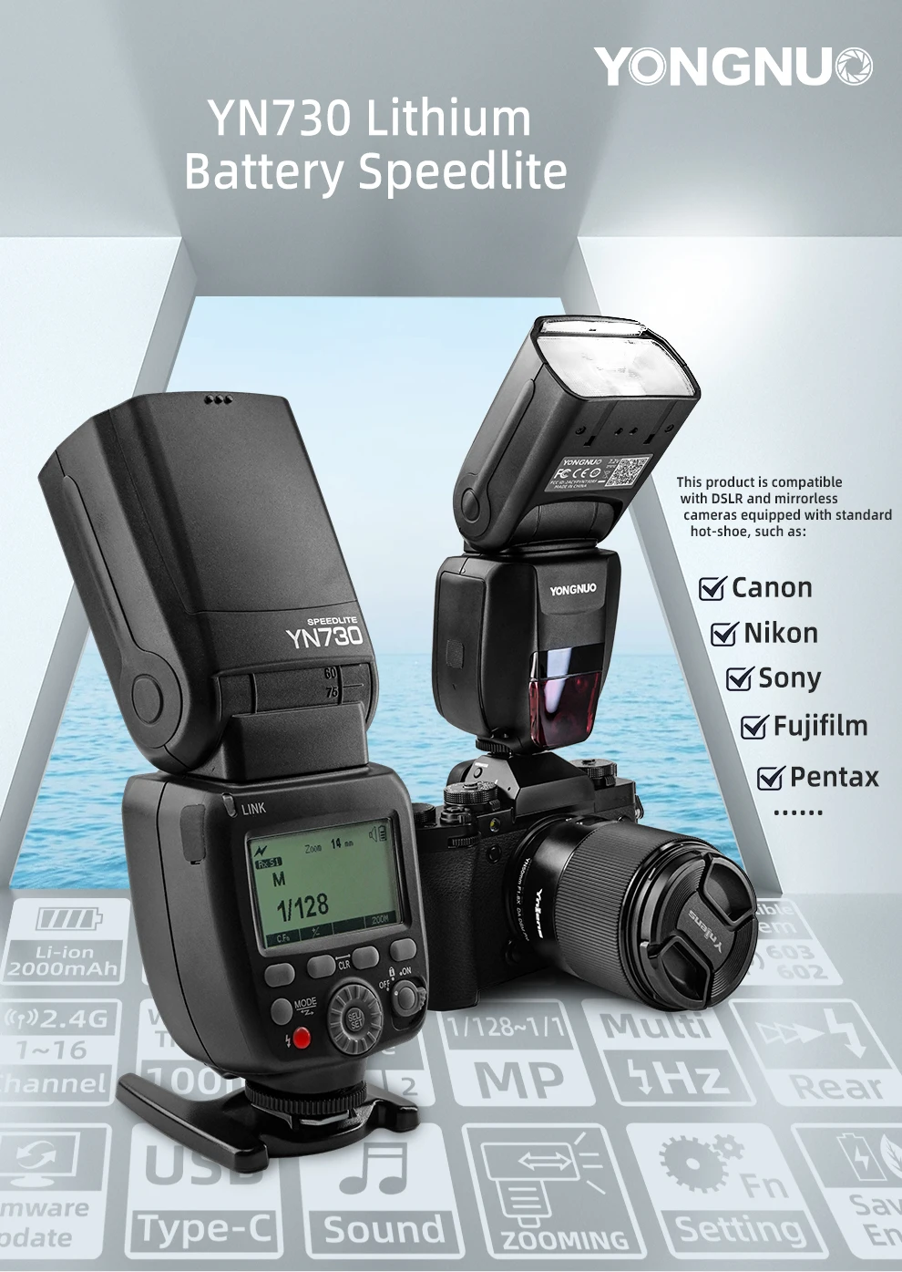 Фото YONGNUO YN730 2,4G GN60 Беспроводная вспышка Speedlite Литий-ионная батарея Вспышка для камеры Canon Nikon Sony Fujifilm Pentax №2