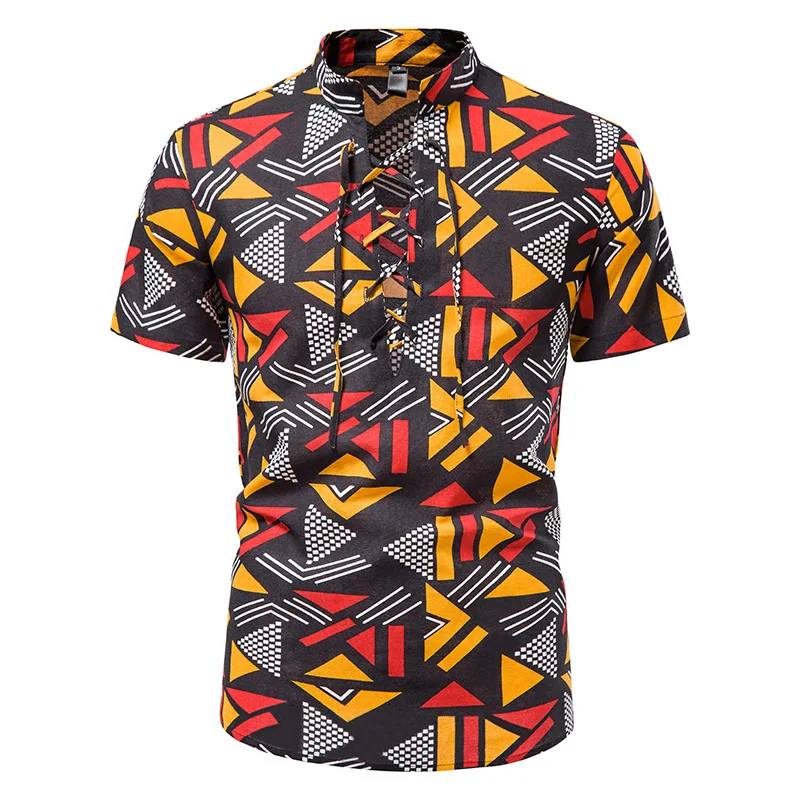 

Мужская футболка из чистого хлопка с геометрическим принтом, стоячий воротник размера плюс, повседневные рубашки поло с коротким рукавом, н...