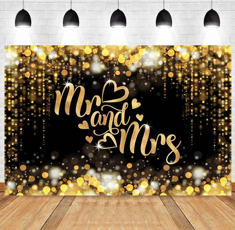 

Mr & Mrs Engagement Decorations Backdrop Couples Gold Black Wedding Bride and Groom Engaged Ceremony Anniversary Bridal Shower