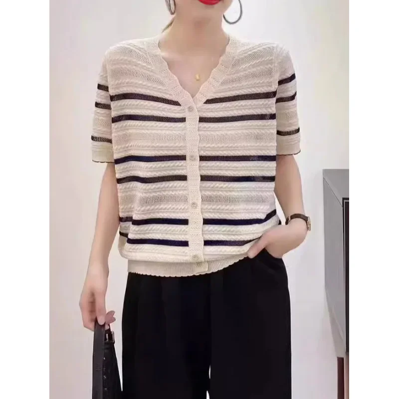 Искусственный кардиган из ледяного шелка с v-образным вырезом полосатый вязаный